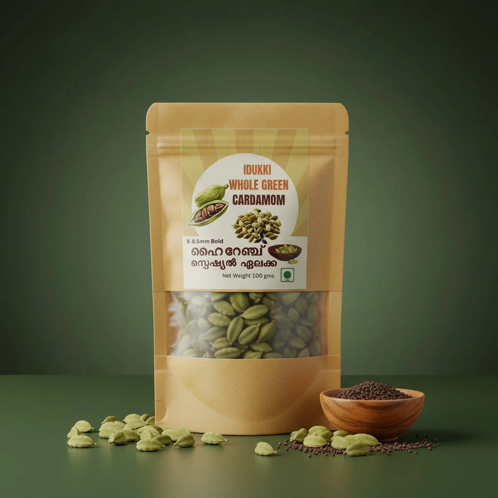 Packaged cardamom with a label on a green background
