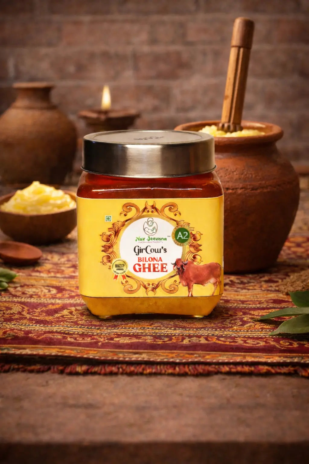 Jar of Pure A2 Bilona Ghee - Gir Cow Ghee from A2 Milk on a textured surface with rustic background