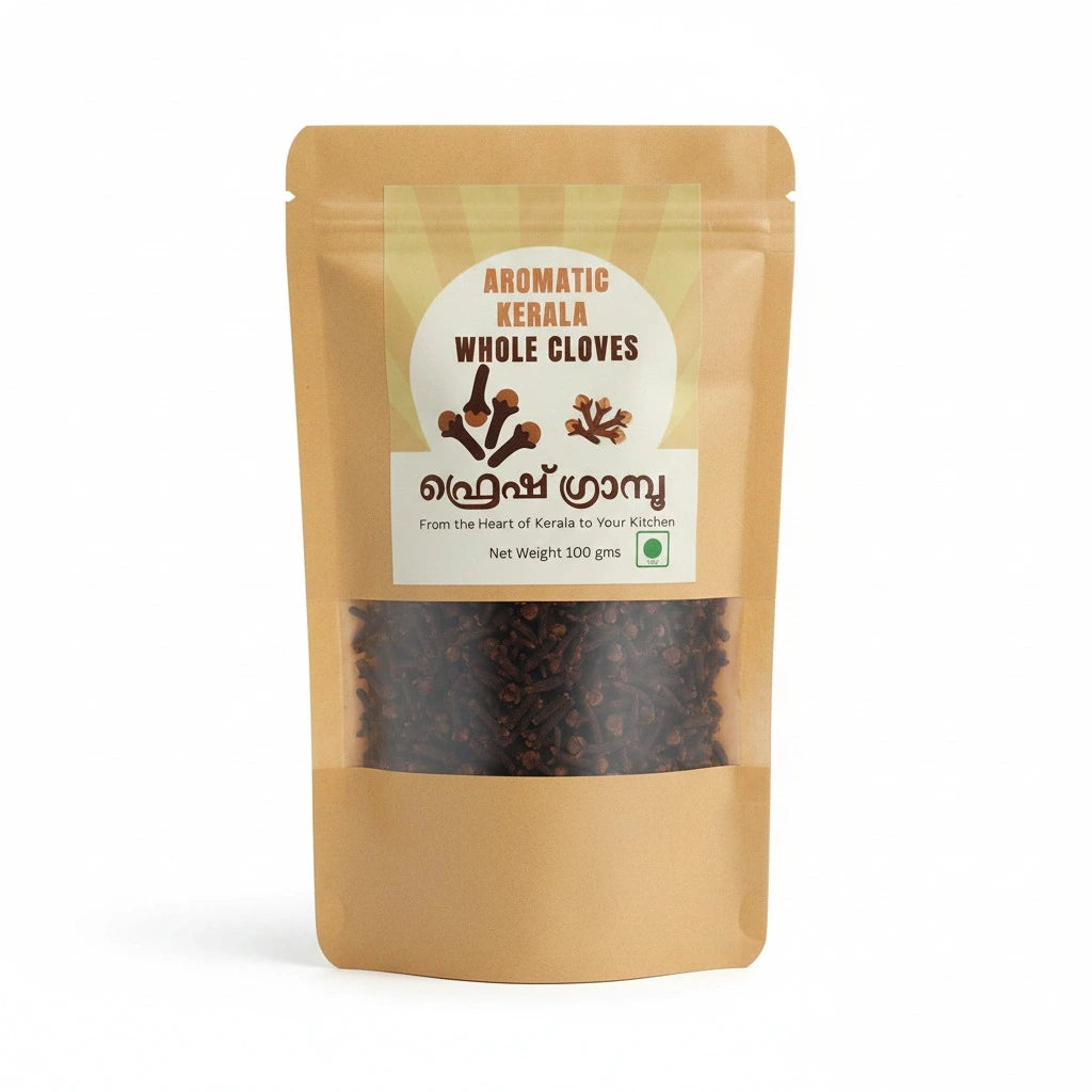 Packaged whole cloves with a visible brand label on a white background