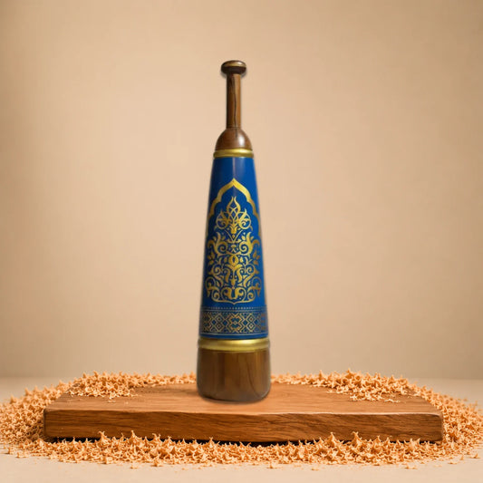 Decorative Persian Meel with blue & gold traditional design on a wooden platform 