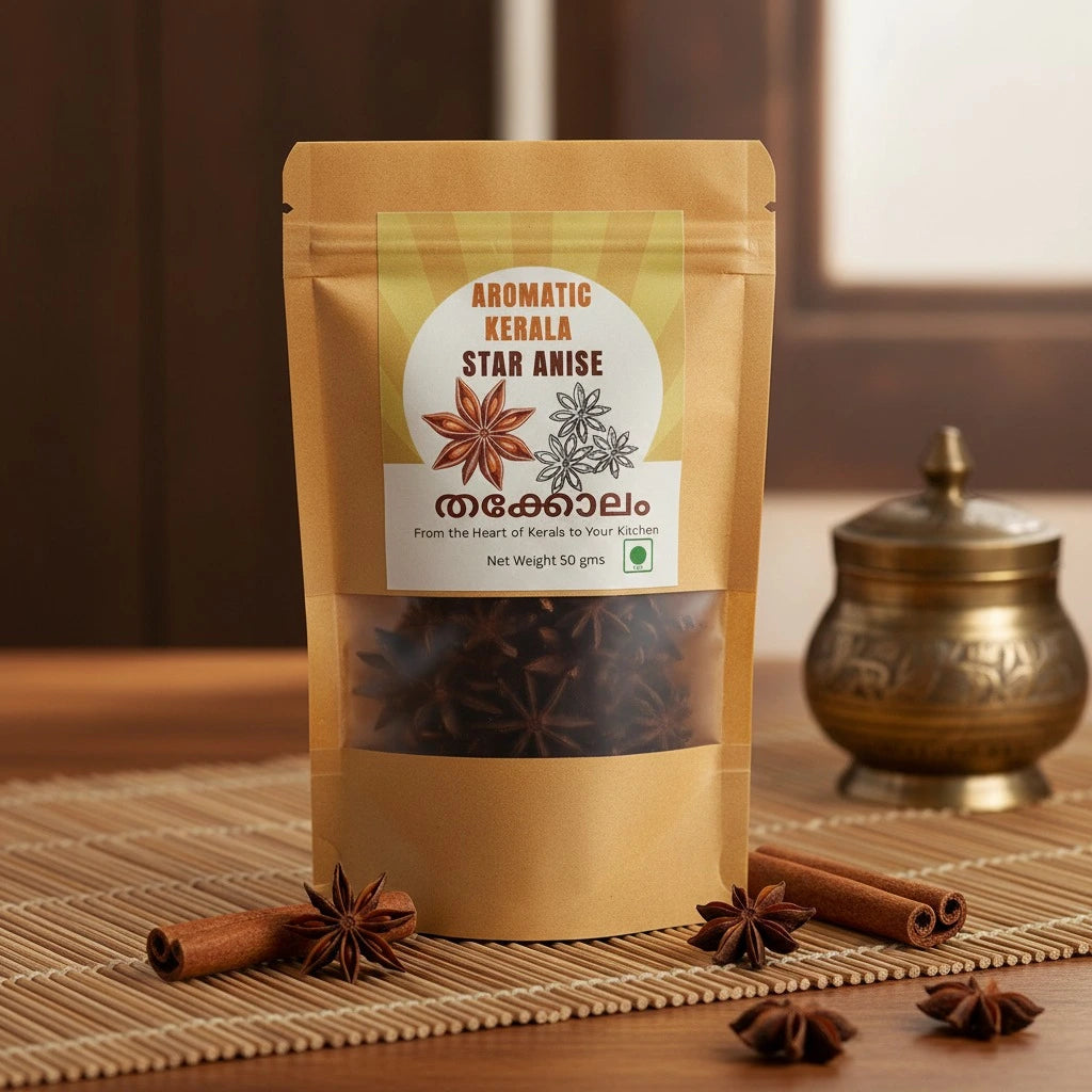 Packaged star anise with a label on a wooden surface 