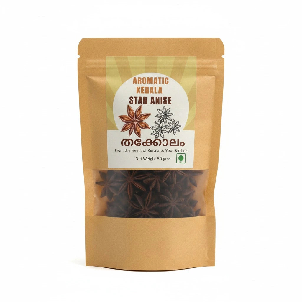 Packaged star anise with a label on a white background