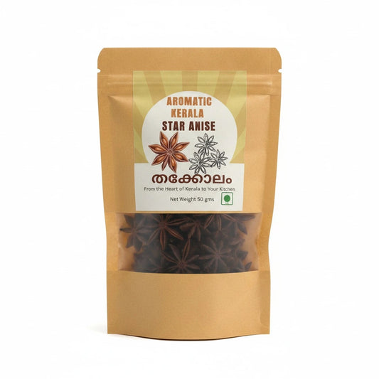 Packaged star anise with a label on a white background