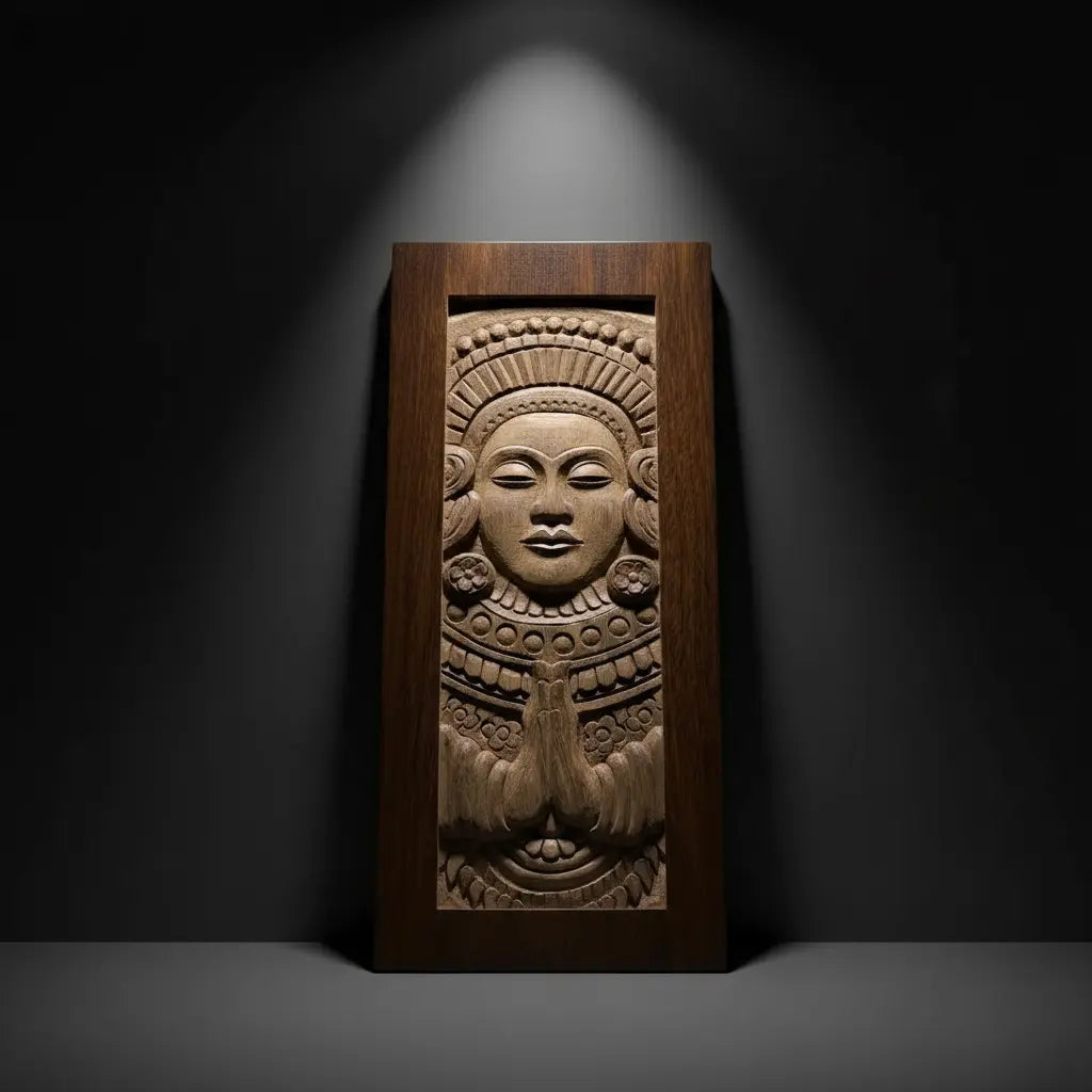 Hand-Carved Wooden Theyyam Wall Art | Kerala Ritual Art Wall Decor | 17.5 × 8 Inches