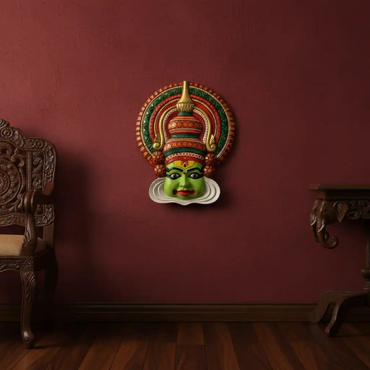 11.5 Inch Kathakali Face Wooden Wall Decor | 100% Handcarved & Hand Painted Wooden Kathakali Face Wall Hanging | Kerala Traditional Art Wall Decor