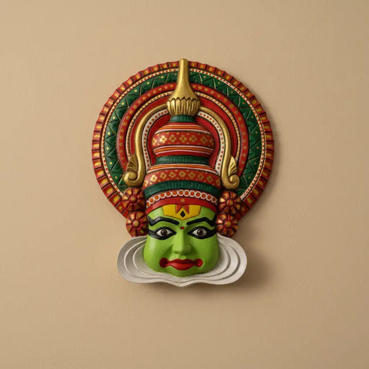 11.5 Inch Kathakali Face Wooden Wall Decor | 100% Handcarved & Hand Painted Wooden Kathakali Face Wall Hanging | Kerala Traditional Art Wall Decor