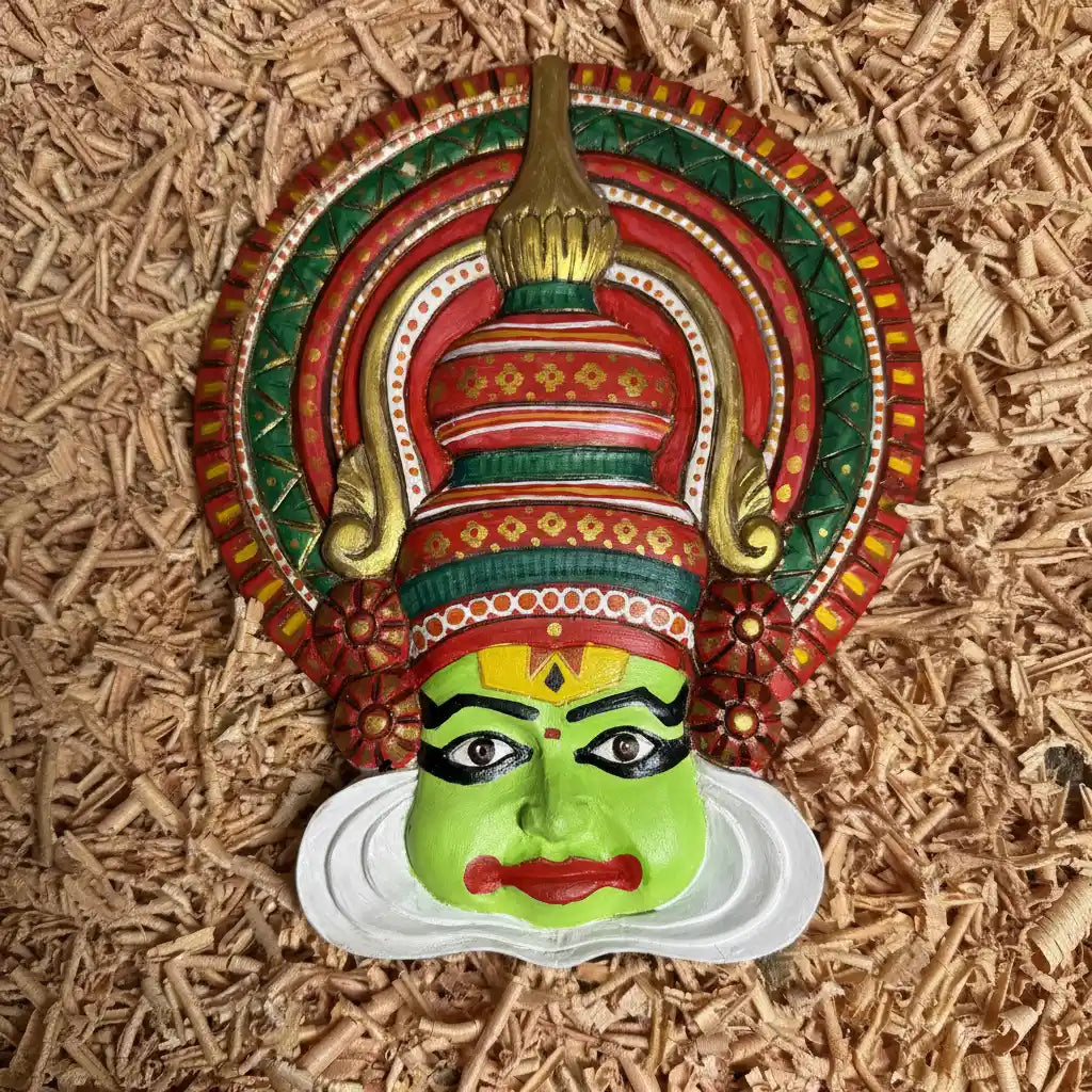11.5 Inch Kathakali Face Wooden Wall Decor | 100% Handcarved & Hand Painted Wooden Kathakali Face Wall Hanging | Kerala Traditional Art Wall Decor