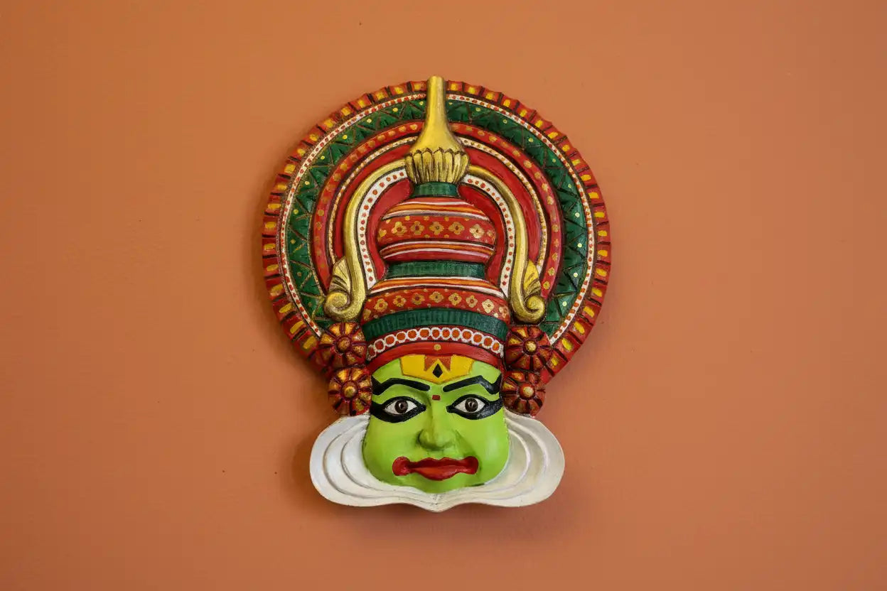 11.5 Inch Kathakali Face Wooden Wall Decor | 100% Handcarved & Hand Painted Wooden Kathakali Face Wall Hanging | Kerala Traditional Art Wall Decor