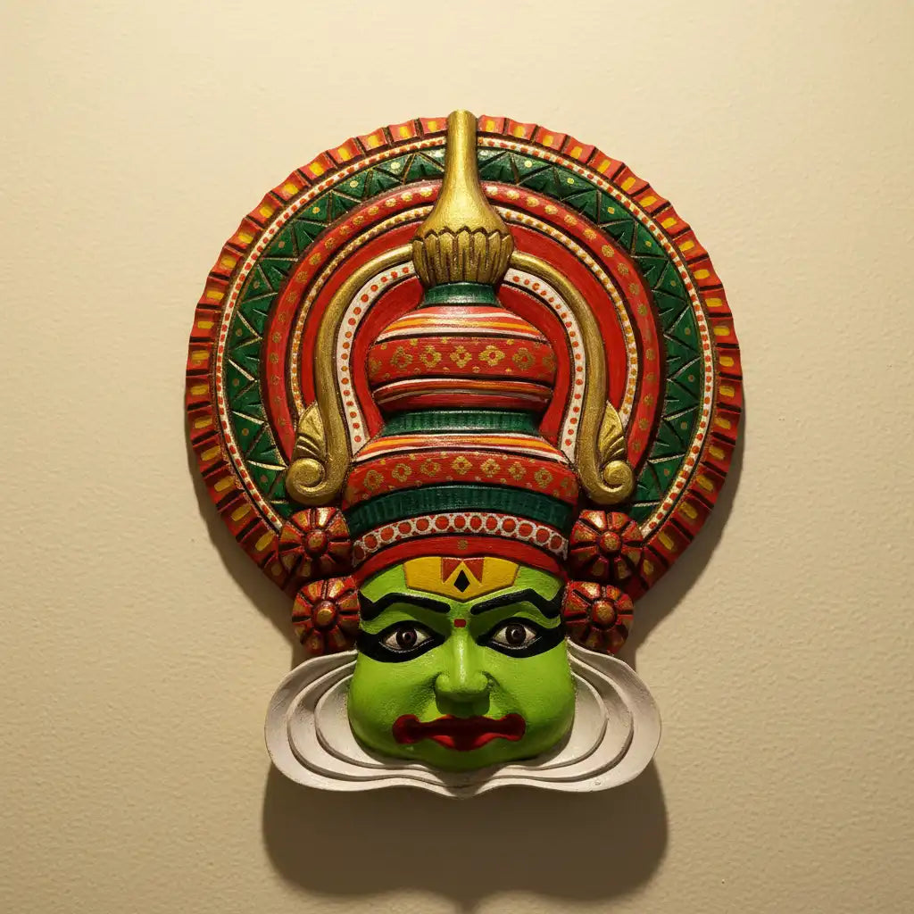 11.5 Inch Kathakali Face Wooden Wall Decor | 100% Handcarved & Hand Painted Wooden Kathakali Face Wall Hanging | Kerala Traditional Art Wall Decor
